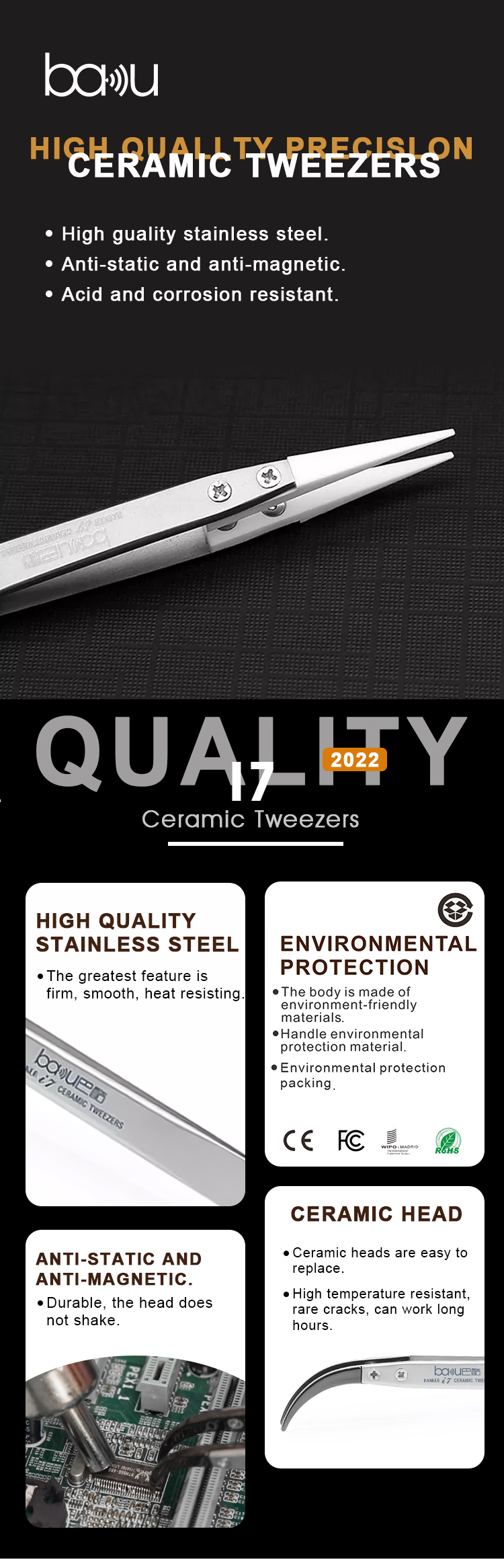 Ceramic Tweezers - Heat Resistant - Pointed Tip 