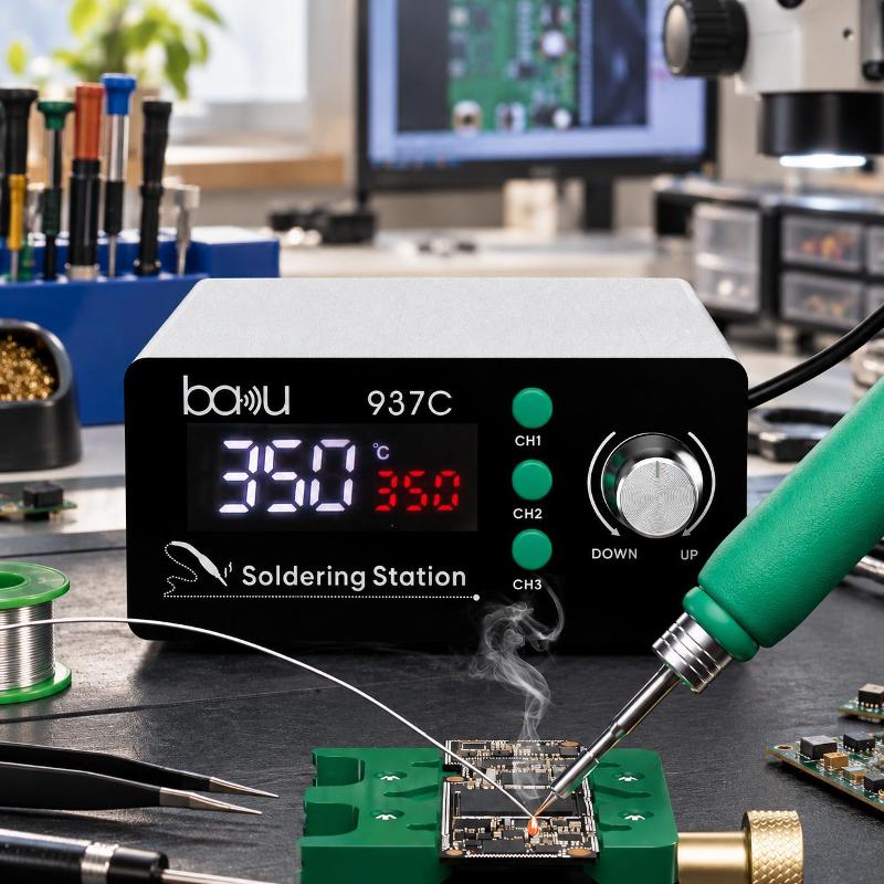 BA-937C Soldering Station with LED Temperature Display Front view of the BA-937C soldering station. The device features a black matte chassis with a bright LED display showing 350°C, three green channel preset buttons, and a central metallic adjustment knob. A soldering iron is shown in action on a green PCB fixture in the foreground, with wisps of smoke rising from the tip.