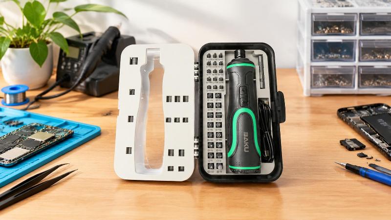 41-in-1 Precision Electric Screwdriver Kit Top-down view of open 41-in-1 electric screwdriver kit