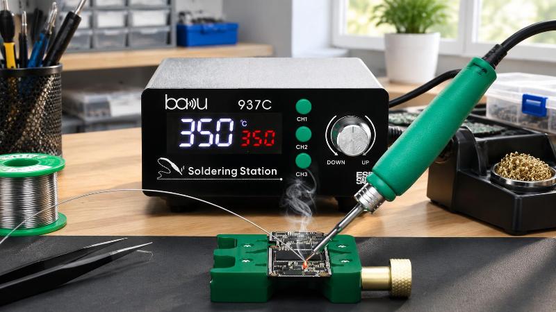 BA-937C Soldering Station with Digital Display Front view of the BA-937C soldering station with digital display and PCB fixture