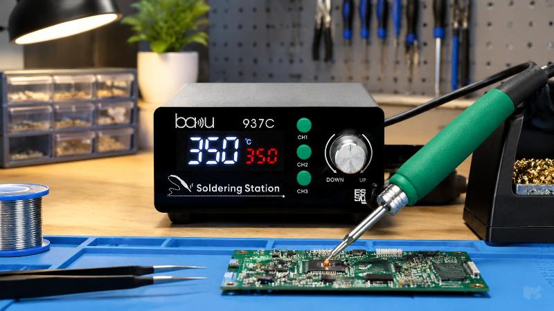 BA-937C Soldering Station Operating Bench Front view of the BA-937C soldering station with digital LED display and preset controls