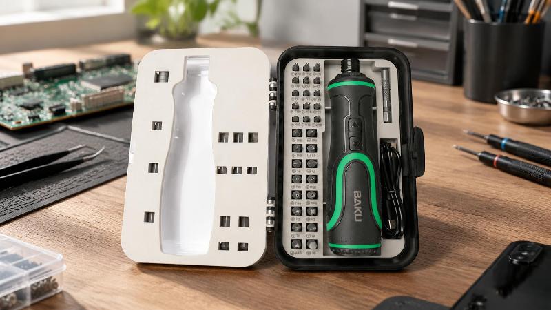 Precision Electric Screwdriver Bit Set Top-down view of an open 41-in-1 electric screwdriver kit with magnetic bits