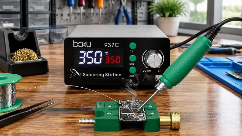 BA-937C Constant Temperature Soldering Station Front view of the BA-937C soldering station with an illuminated LED display and soldering iron resting on a circuit board