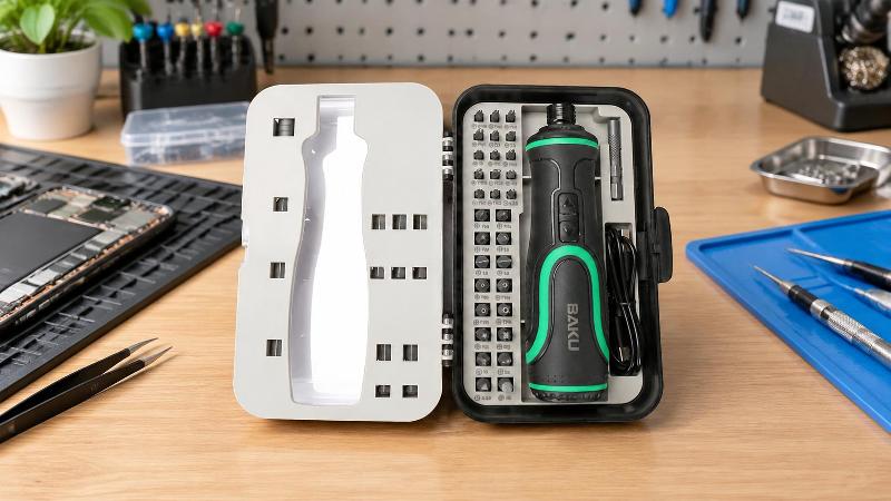 Precision Electric Screwdriver Bit Set Top view of an open storage case containing a precision electric screwdriver and 41 assorted magnetic bits